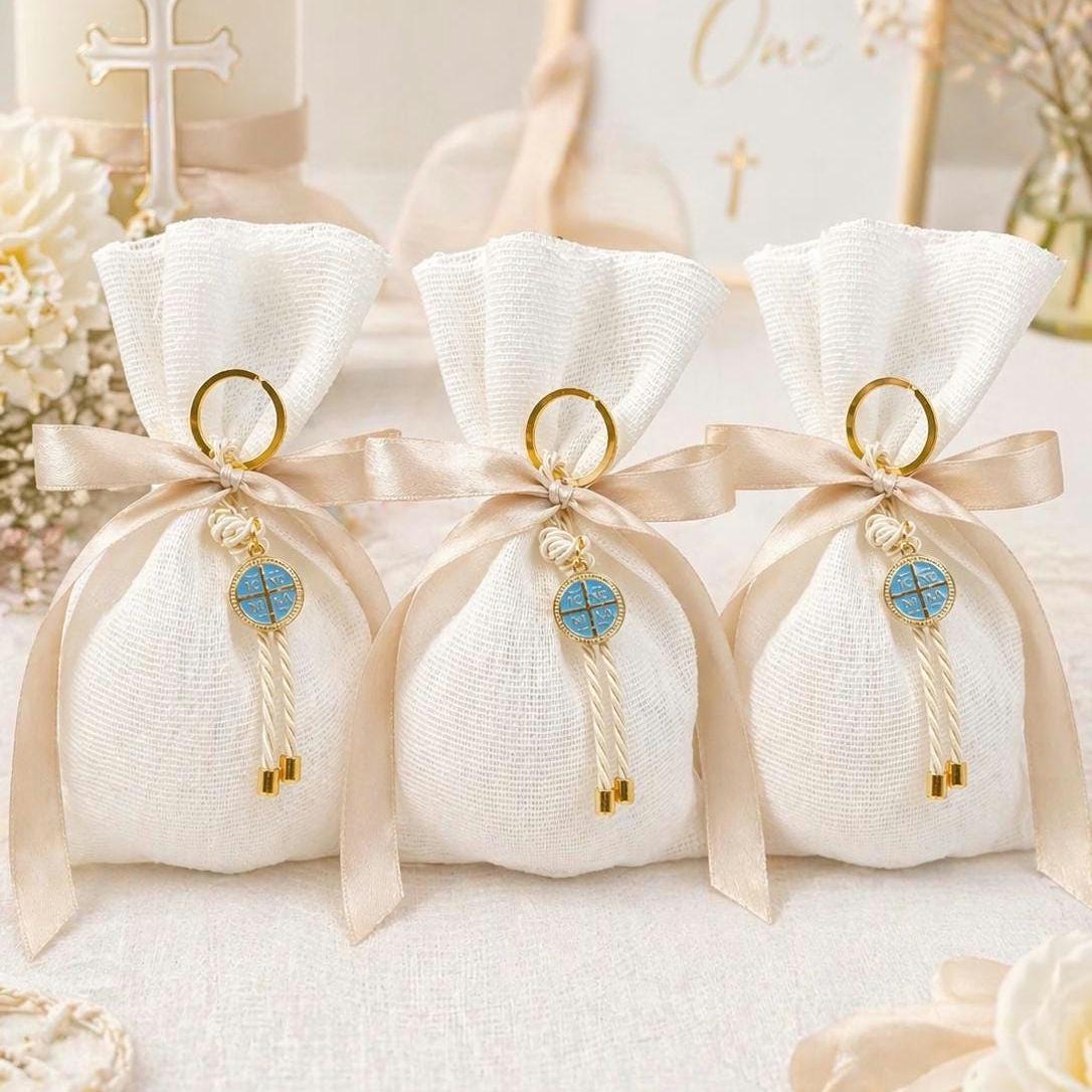 Baptism Cross Keychain Favors | Almond Bomboniere Set of 10 | Christening & Communion Favors