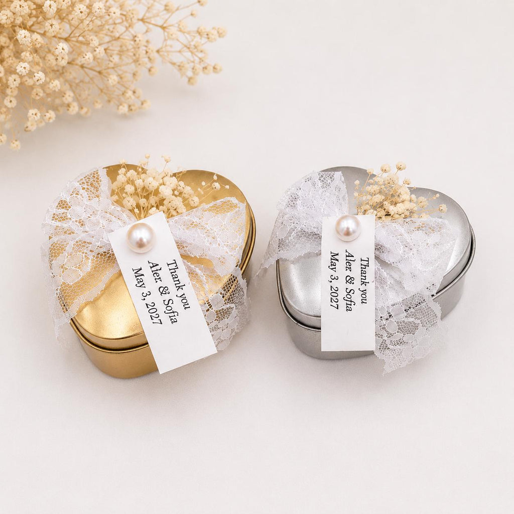 Personalized Heart metal Tin Candle Favors: Scented wax, Greek boubounieres, bomboniere, Bridal Shower favors, 10 pcs.