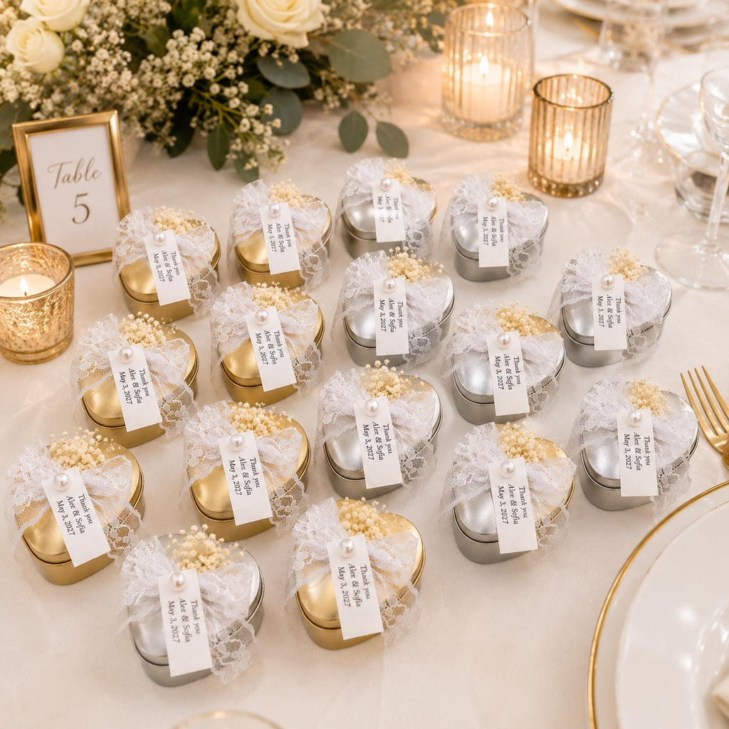 Personalized Heart metal Tin Candle Favors: Scented wax, Greek boubounieres, bomboniere, Bridal Shower favors, 10 pcs.