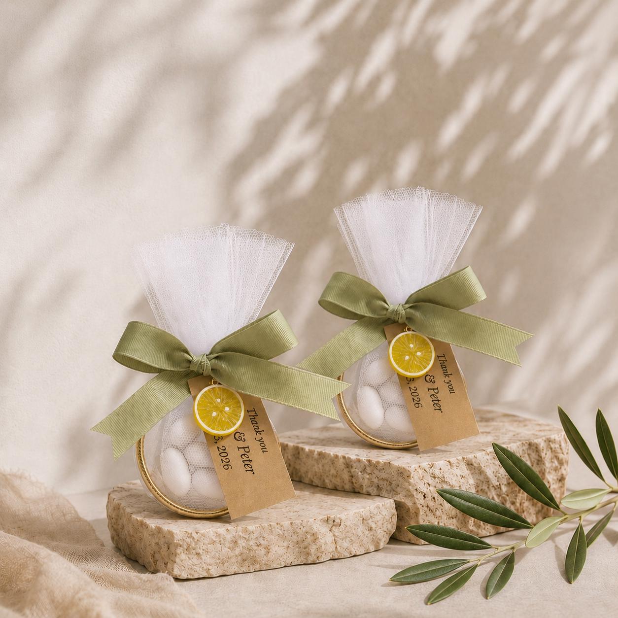 Lemon Wedding Favors| Greek Boubounieres | Italian Mediterranean Baptism bomboniere, Ring favors | Personalized tag, 10 pcs.