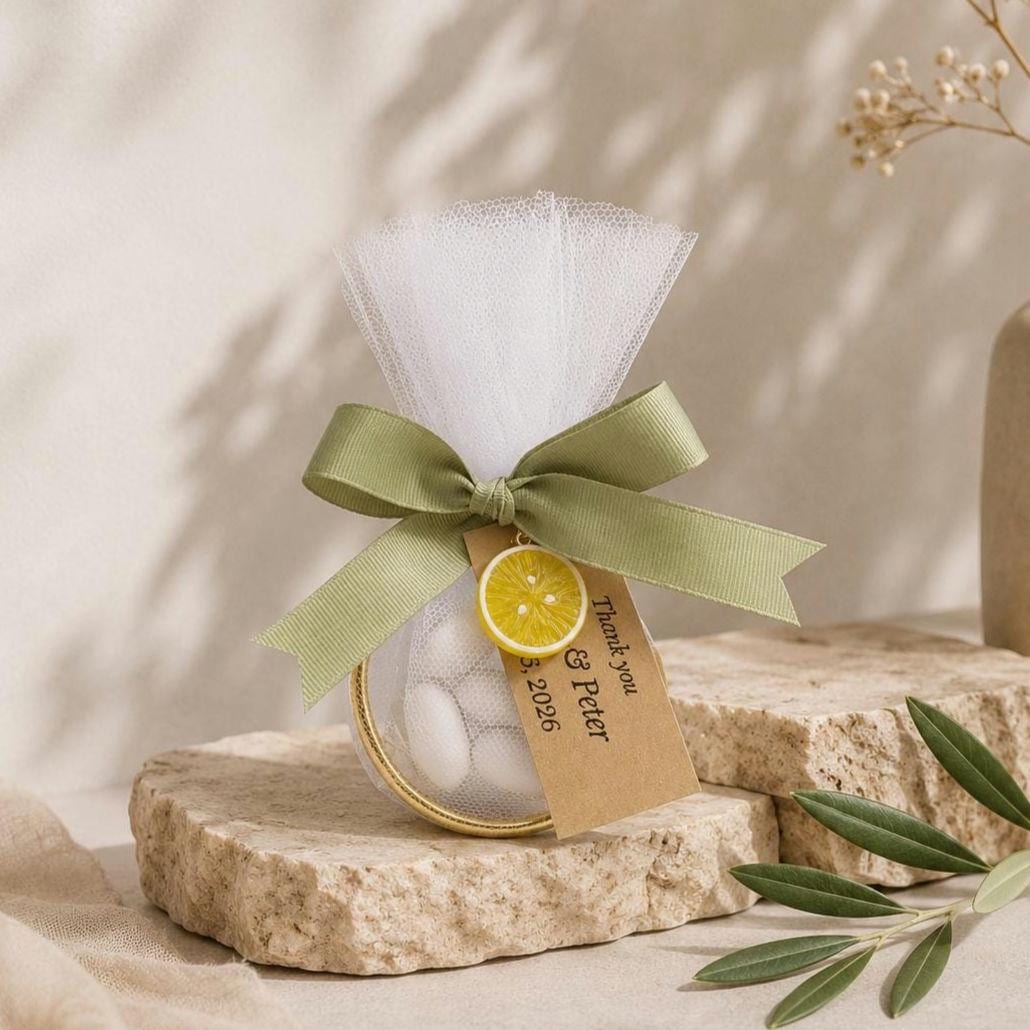 Lemon Wedding Favors| Greek Boubounieres | Italian Mediterranean Baptism bomboniere, Ring favors | Personalized tag, 10 pcs.