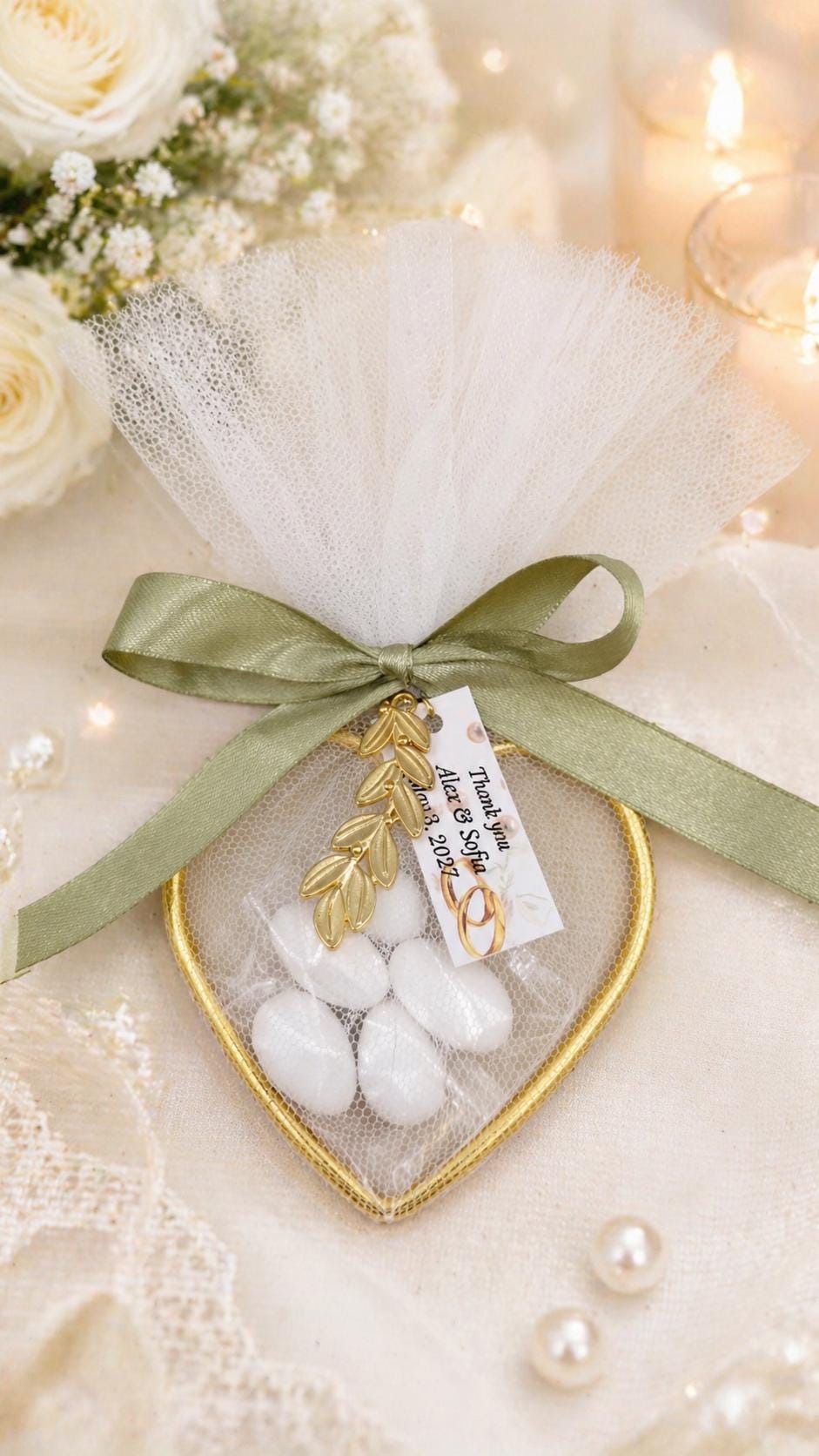 Greek Wedding Favor Set of 10, Bomboniera with Koufeta, Heart Metal Ring with Olive Leaf, Bridal Shower and Engagement Gift