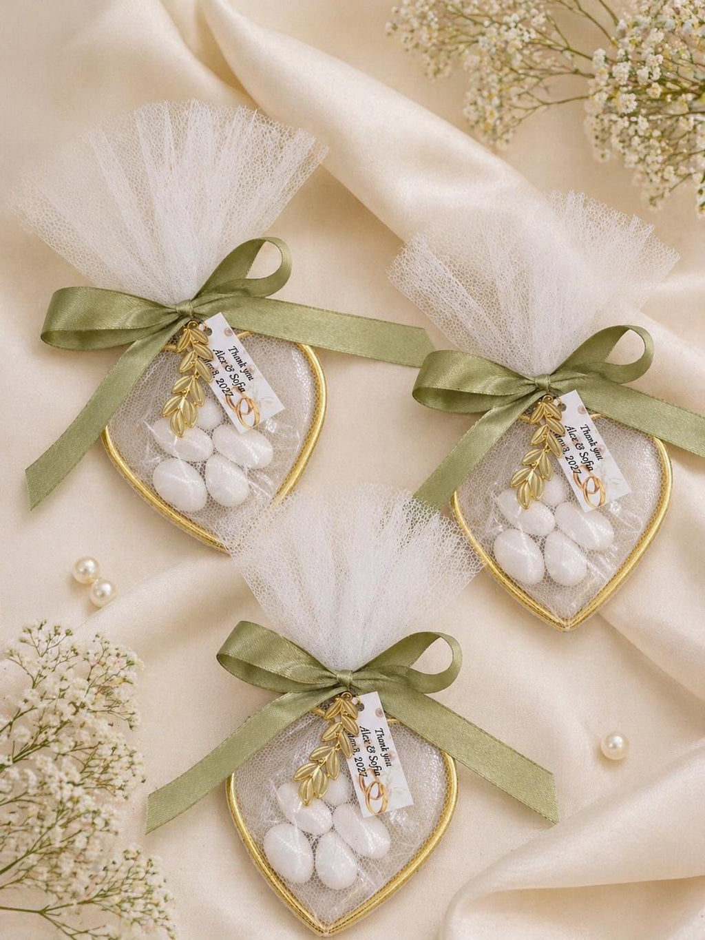 Greek Wedding Favor Set of 10, Bomboniera with Koufeta, Heart Metal Ring with Olive Leaf, Bridal Shower and Engagement Gift