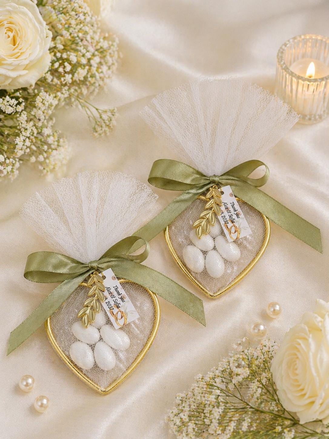 Greek Wedding Favor Set of 10, Bomboniera with Koufeta, Heart Metal Ring with Olive Leaf, Bridal Shower and Engagement Gift