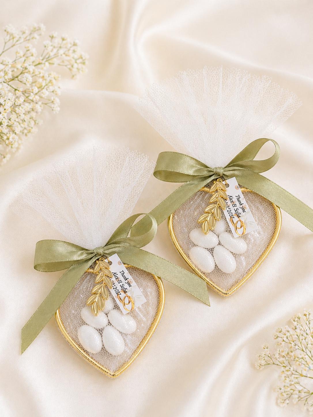 Greek Wedding Favor Set of 10, Bomboniera with Koufeta, Heart Metal Ring with Olive Leaf, Bridal Shower and Engagement Gift