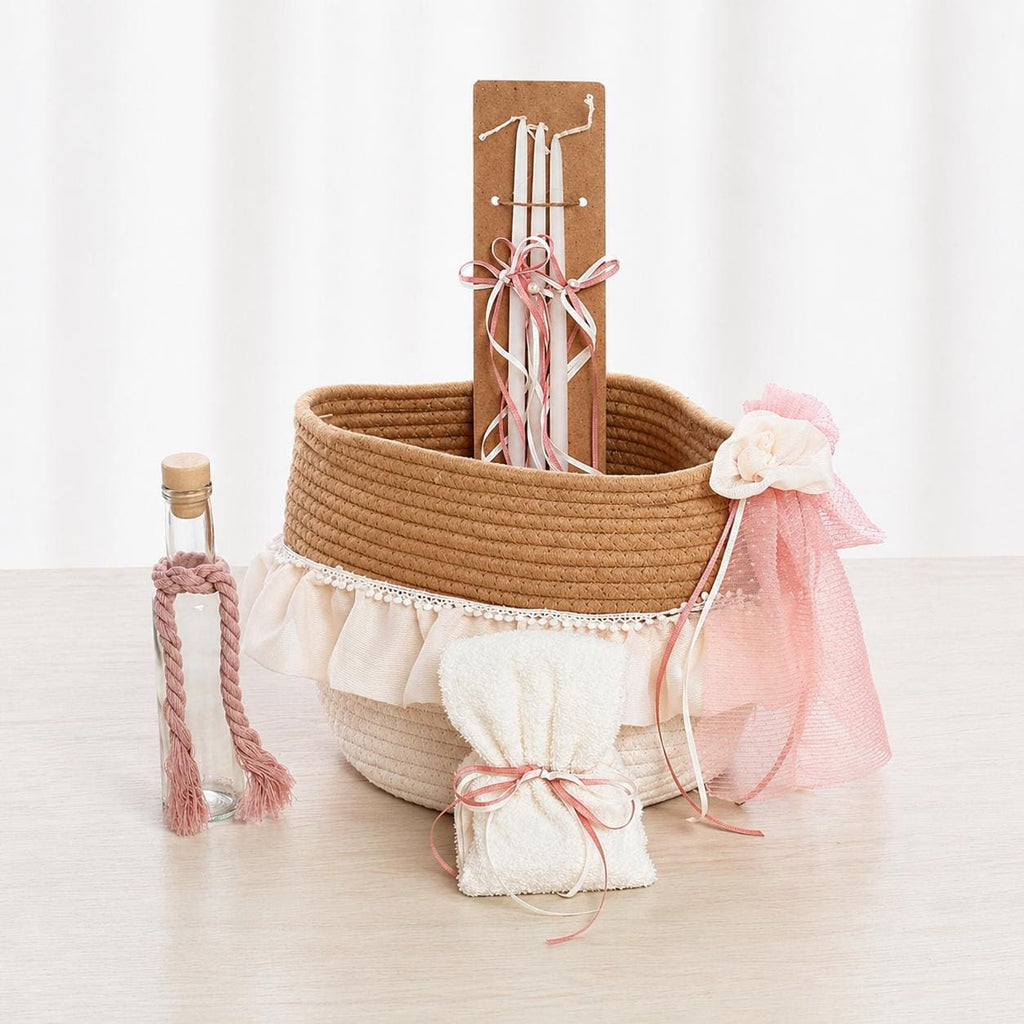 Romantic Greek Baptism Set for Girl, Orthodox Christening Custom Baptism Candle, Ladopana and Oil Set, Rustic Style.