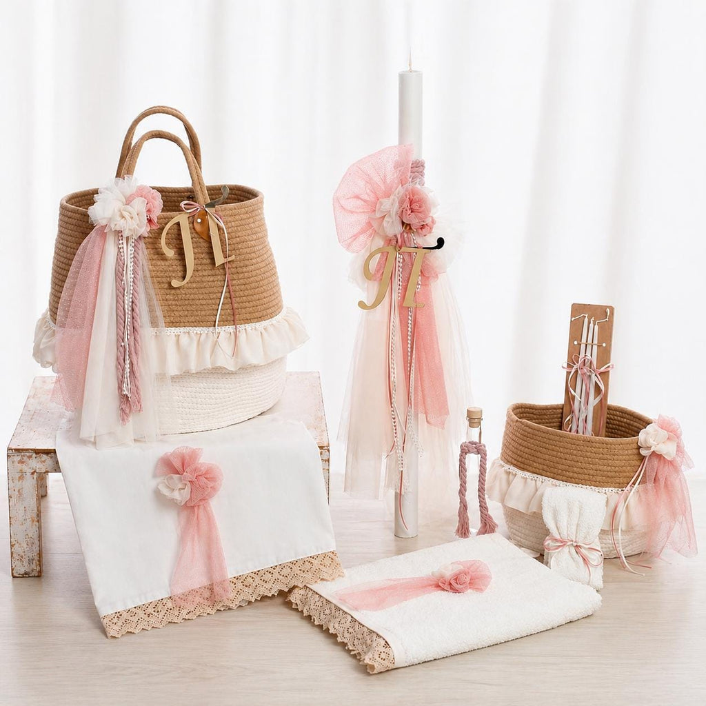 Romantic Greek Baptism Set for Girl, Orthodox Christening Custom Baptism Candle, Ladopana and Oil Set, Rustic Style.
