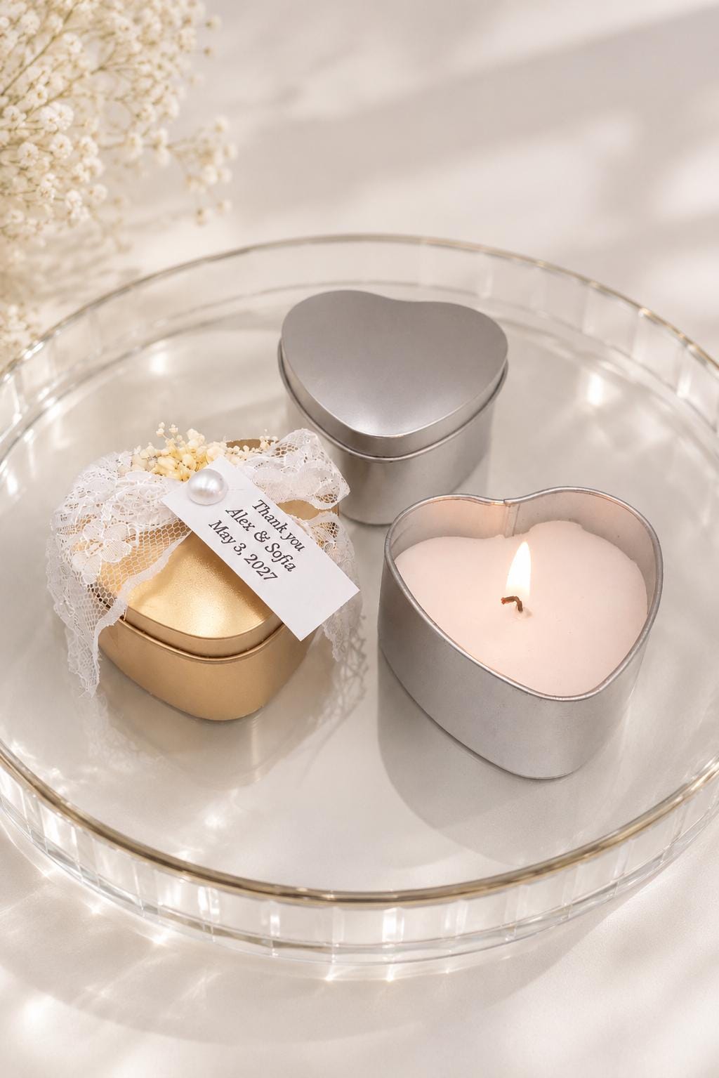 Personalized Heart metal Tin Candle Favors: Scented wax, Greek boubounieres, bomboniere, Bridal Shower favors, 10 pcs.