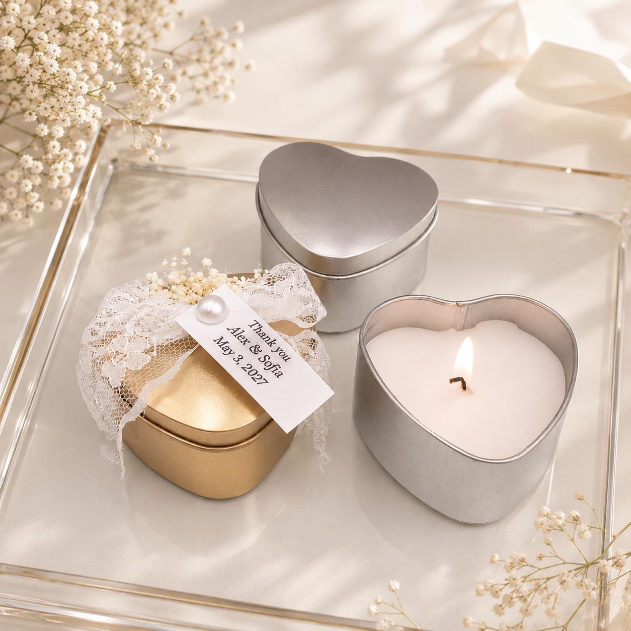 Personalized Heart metal Tin Candle Favors: Scented wax, Greek boubounieres, bomboniere, Bridal Shower favors, 10 pcs.