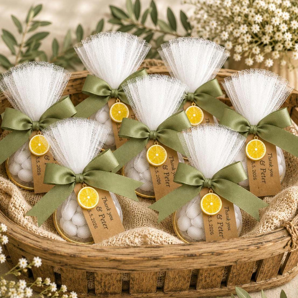 Lemon Wedding Favors| Greek Boubounieres | Italian Mediterranean Baptism bomboniere, Ring favors | Personalized tag, 10 pcs.