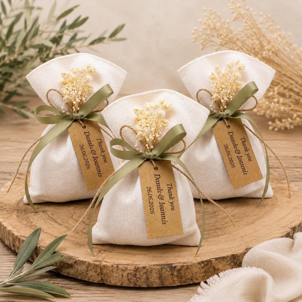 Greek Bombonieres, Linen Pouch with Dried Flowers and  Sage Green Ribbon | Rustic Wedding Favor Bags | Personalized Baptism Favor | 10pcs.