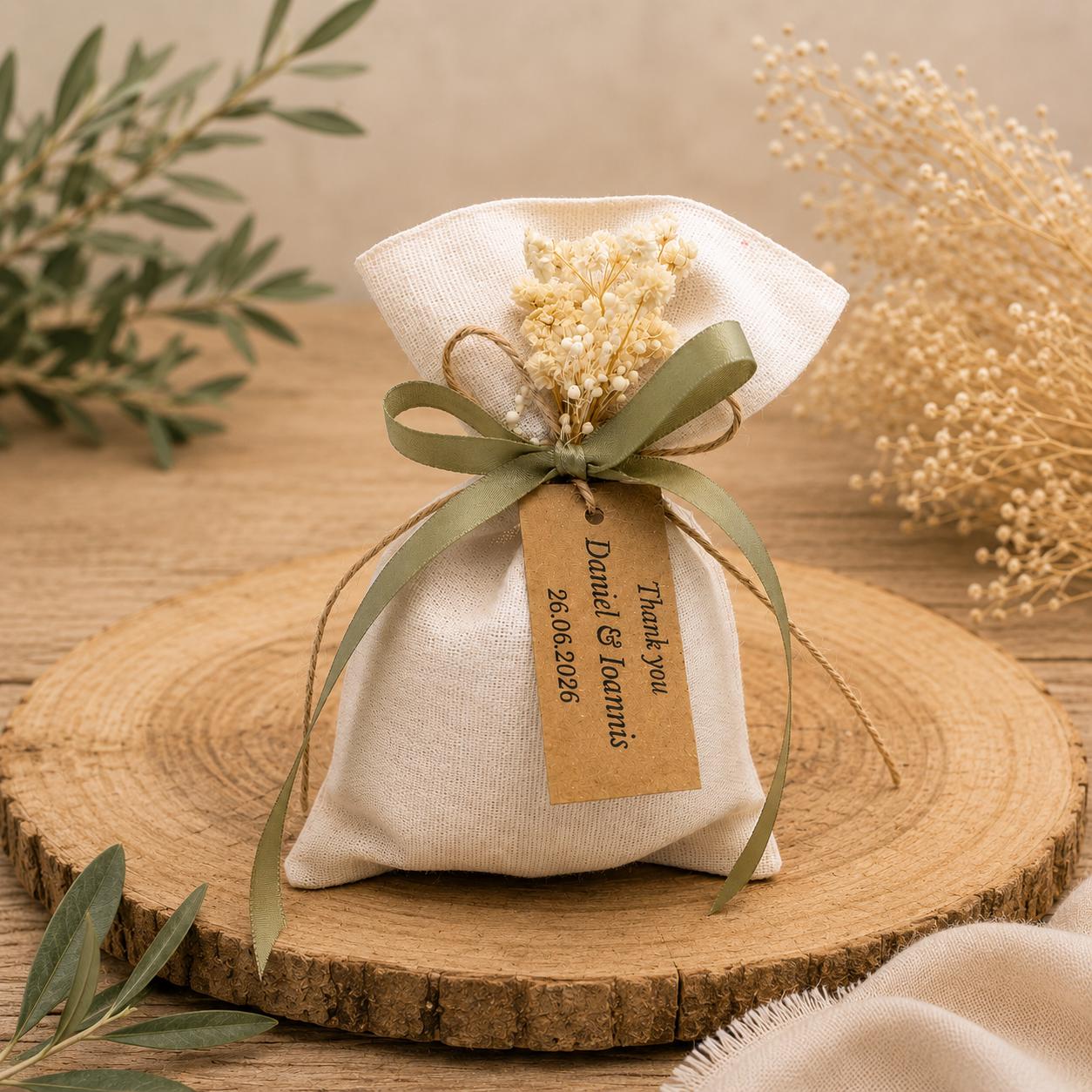 Greek Bombonieres, Linen Pouch with Dried Flowers and  Sage Green Ribbon | Rustic Wedding Favor Bags | Personalized Baptism Favor | 10pcs.