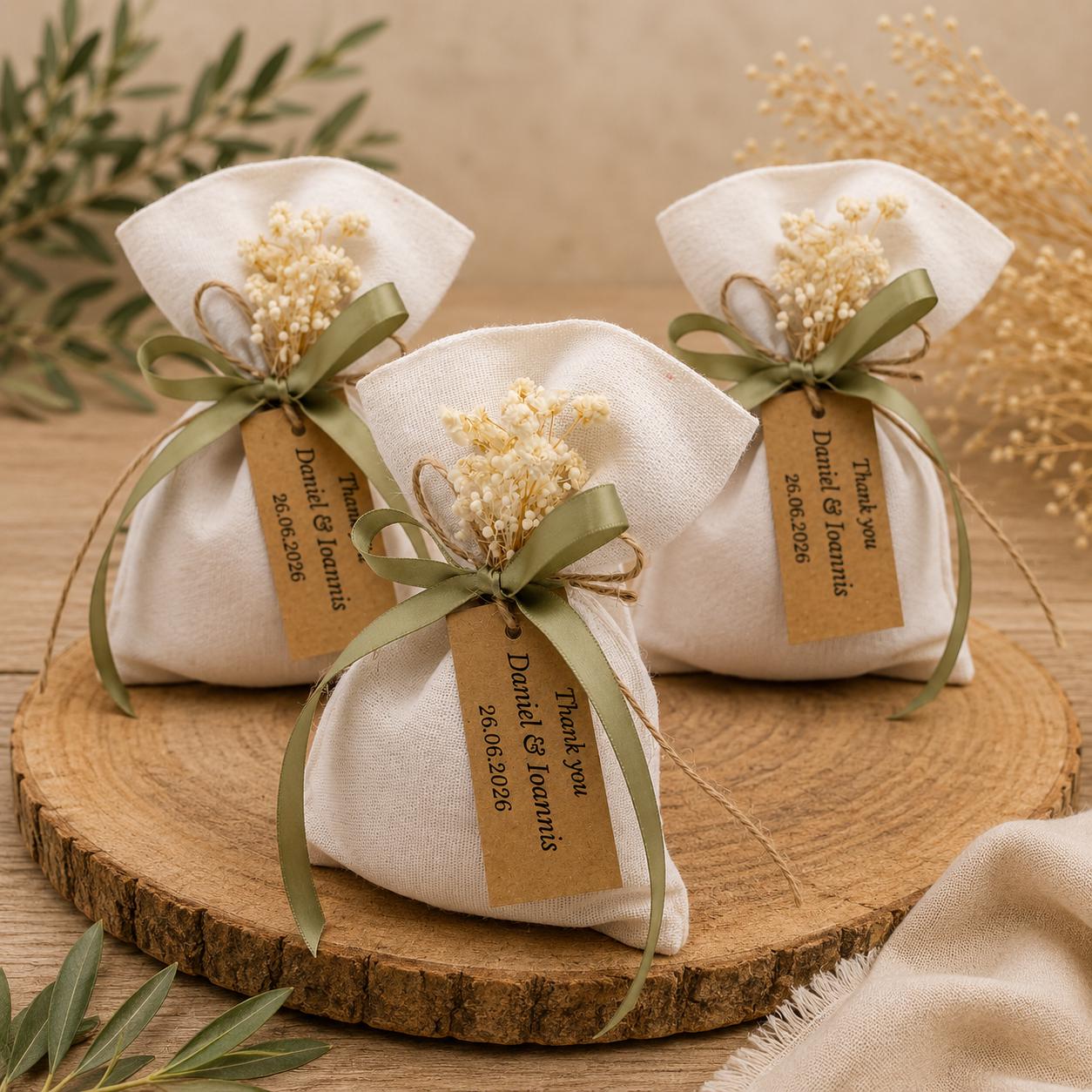 Greek Bombonieres, Linen Pouch with Dried Flowers and  Sage Green Ribbon | Rustic Wedding Favor Bags | Personalized Baptism Favor | 10pcs.