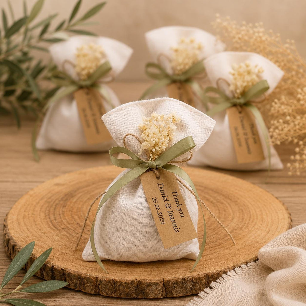 Greek Bombonieres, Linen Pouch with Dried Flowers and  Sage Green Ribbon | Rustic Wedding Favor Bags | Personalized Baptism Favor | 10pcs.