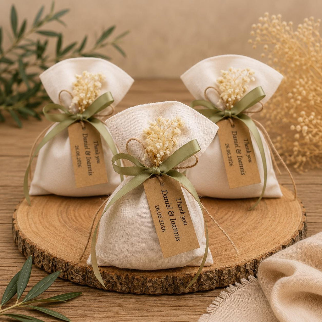 Greek Bombonieres, Linen Pouch with Dried Flowers and  Sage Green Ribbon | Rustic Wedding Favor Bags | Personalized Baptism Favor | 10pcs.