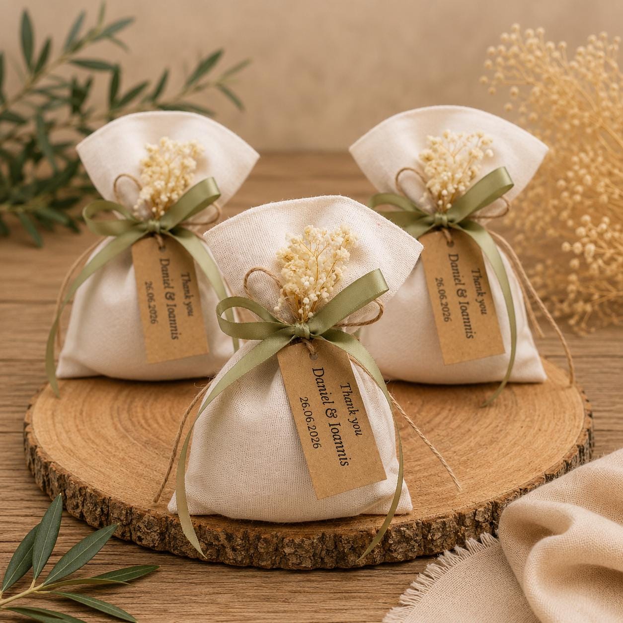 Greek Bombonieres, Linen Pouch with Dried Flowers and  Sage Green Ribbon | Rustic Wedding Favor Bags | Personalized Baptism Favor | 10pcs.