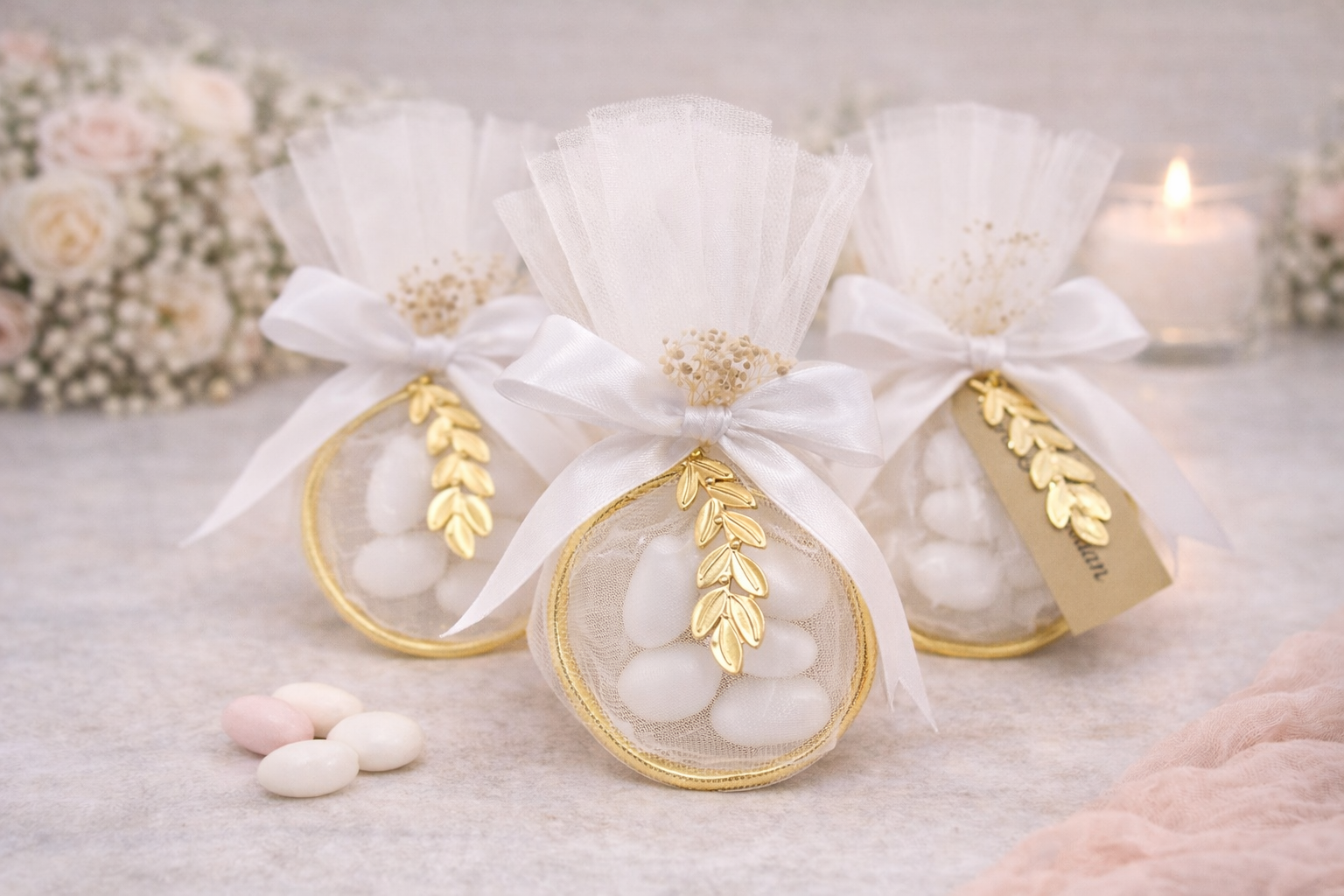 Greek baptism bomboniera, Ring Tulle Bags with koufeta and olive leaf, christening favours 10 pcs