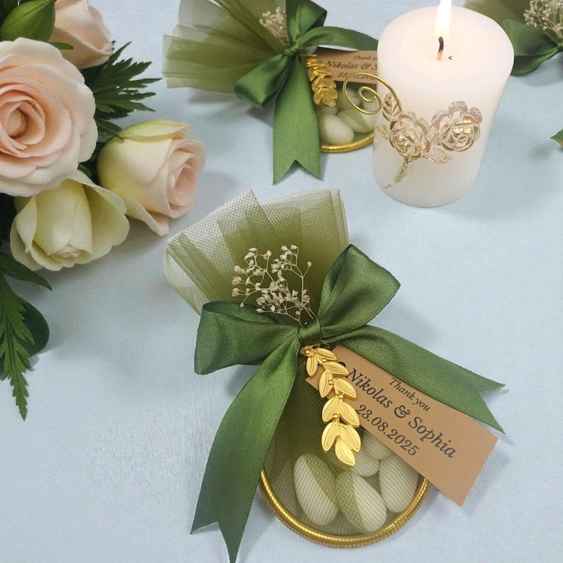 Greek baptism bomboniera, Ring Tulle Bags with koufeta and olive leaf, christening favours 10 pcs
