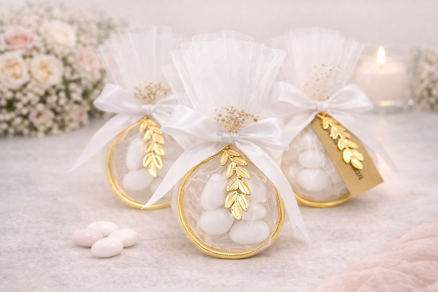 Greek baptism bomboniera, Ring Tulle Bags with koufeta and olive leaf, christening favours 10 pcs