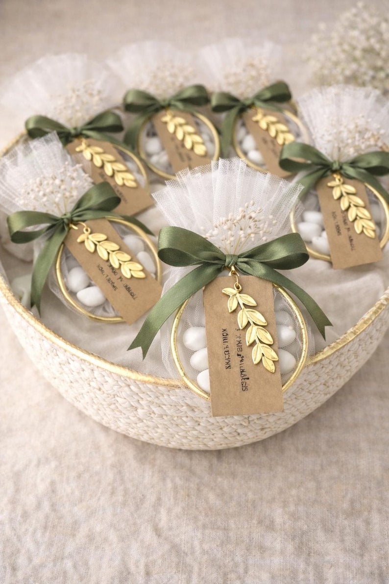 Greek baptism bomboniera, Ring Tulle Bags with koufeta and olive leaf, christening favours 10 pcs